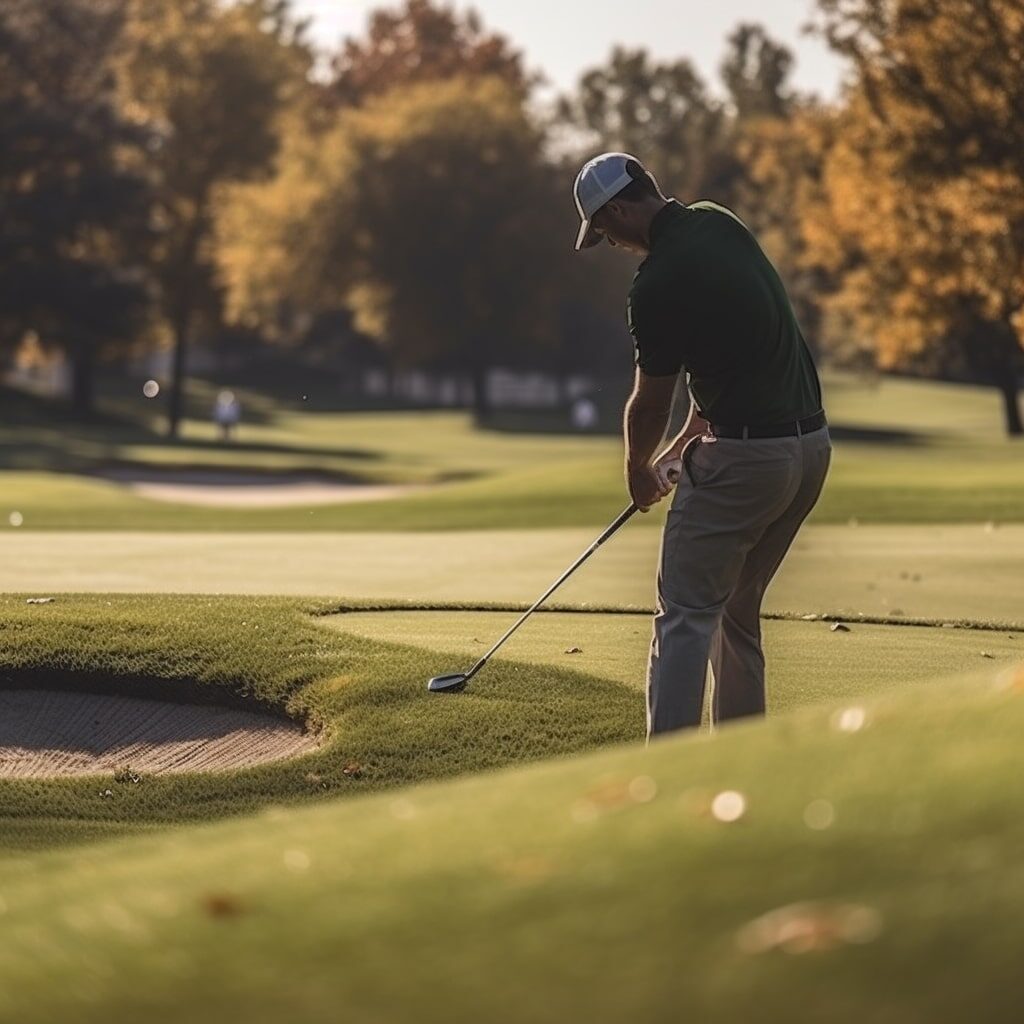 man chipping on golf course